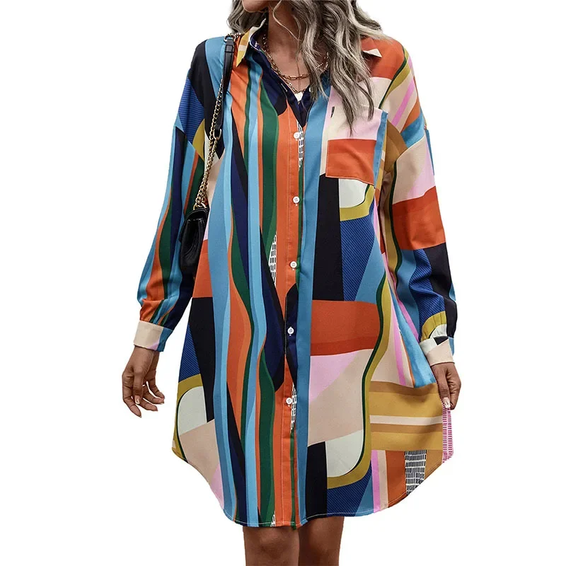 

Женское платье-рубашка средней длины, элегантная повседневная пляжная одежда с лацканами, с подбором цветов, одежда для путешествий и покупок