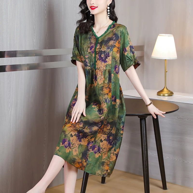 

2023 Fashionable Silk V-Neck Printed Dress Women's Summer Elegant Versatile Mulberry Silk Leisure Vacation Party Dress