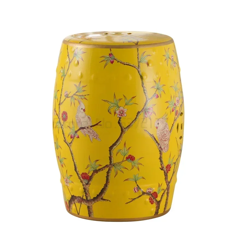 Ceramic Side Table Durable Drum Stool Hand painted Floral and Bird Coffee Table Classic Vanity Seat Suitable for Dining Room
