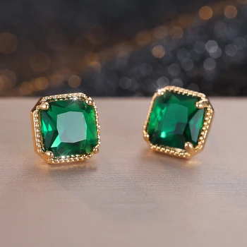 Classic Geometric Square Stud Earrings For Women Men Antique Gold Color Green Stone Zircon Unisex Simple Ear Studs Party Jewelry