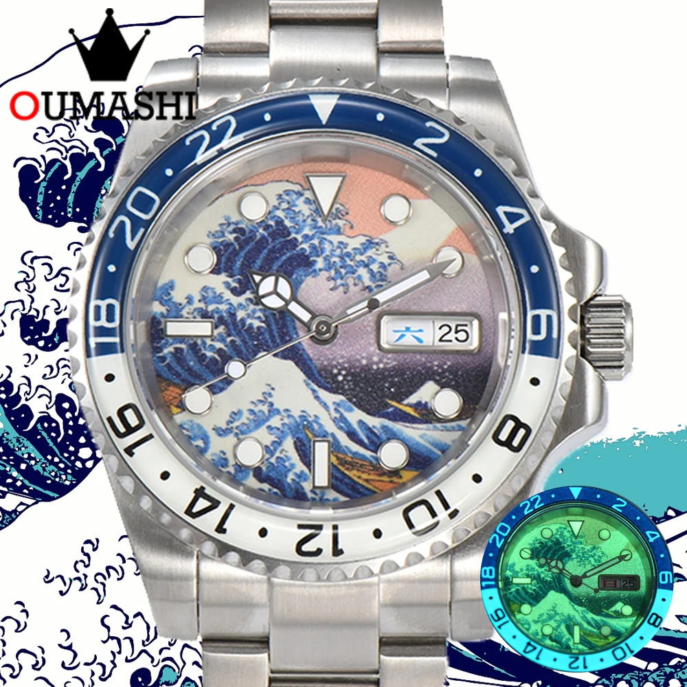 

OUMASHI 40mm Wave Night Full Night Glow Bezel Men's Automatic Mechanical Watch NH35A Stainless Steel Sapphire Glass