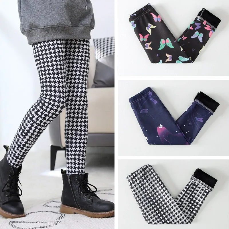 

Winter Warm Baby Girls Leggings Plus Velvet Thicken Pants Stretchy Kids Leggings Printing Flower Children Trousers Age 2-12Years