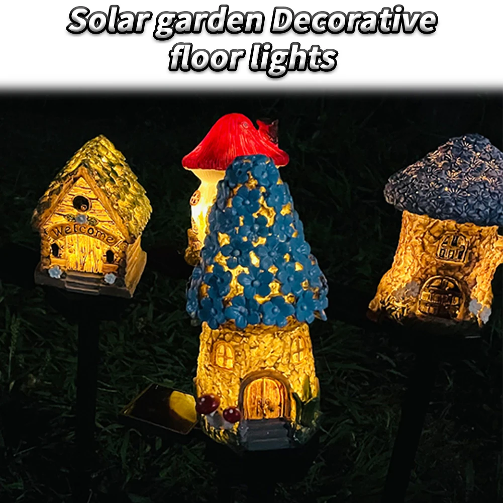 

New Small Cartoon House Solar Light Water Resistance Resin Cute House Statues Decorative Pathway Light For Pathway Lawn Patio