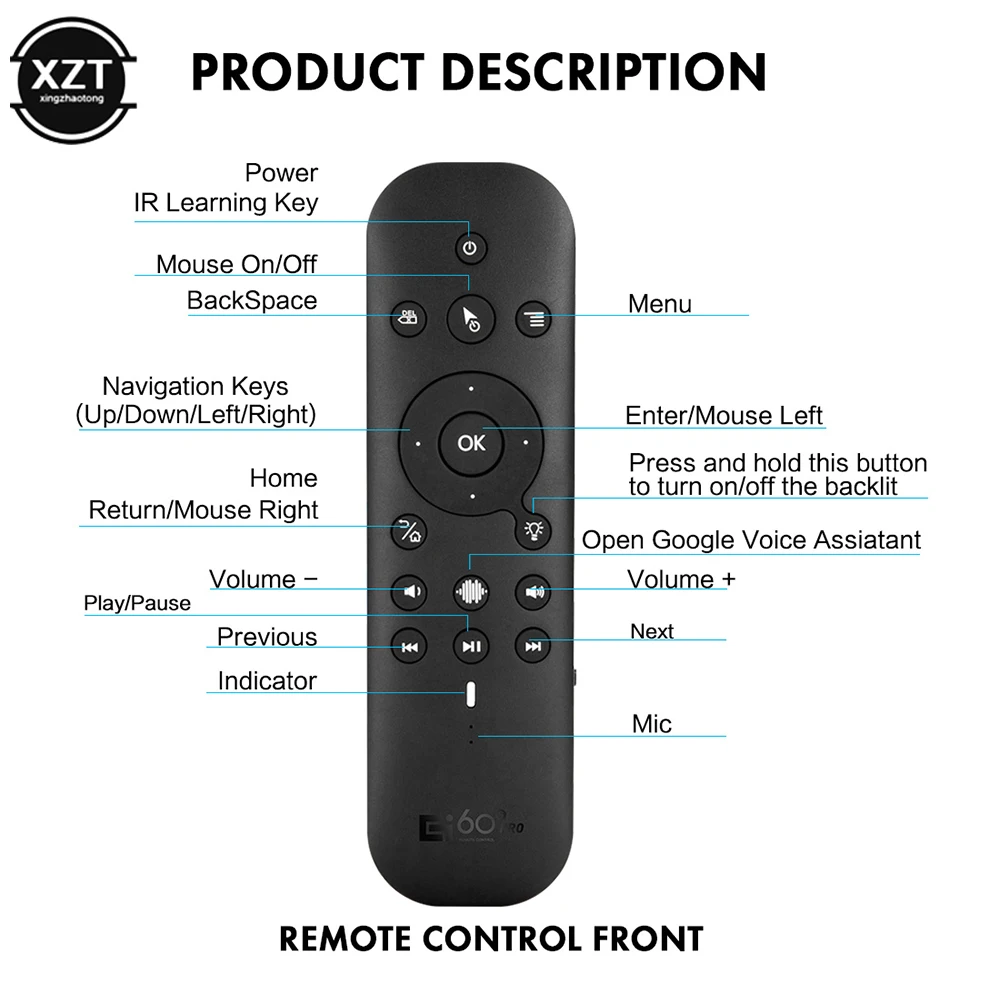 G60S Pro Air Mouse Wireless Voice Remote Control BT5.0 2.4G Bluetooth Dual Mode IR Learning with Backlit for Computer TV BOX PC