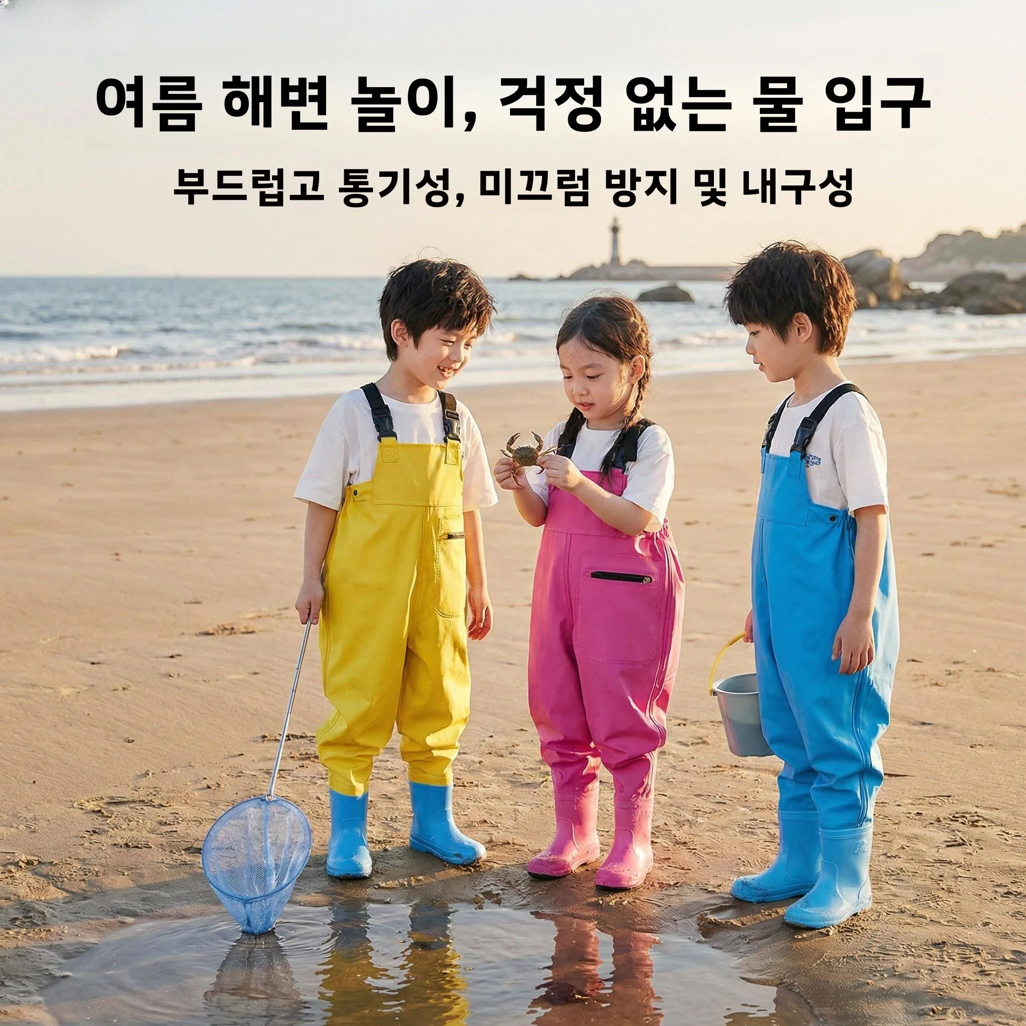 어린이용 방수 작업복(레인부츠 포함) 해변 발굴 장비 물놀이 전신 낚시 장비 야..