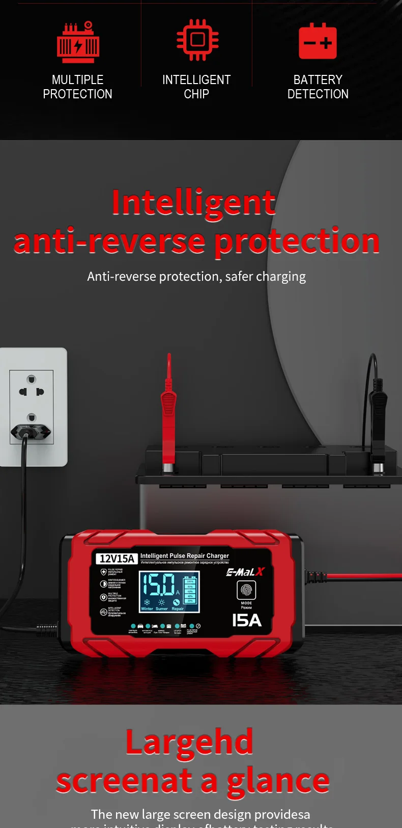 12V 15A Smart Auto Batterie Ladegerät 14,6V 15A Elektrische Motorräder Ladegerät Für Lifepo4 Blei Säure AGM GEL PB Lithium-Batterie Reparatur – Detail 3