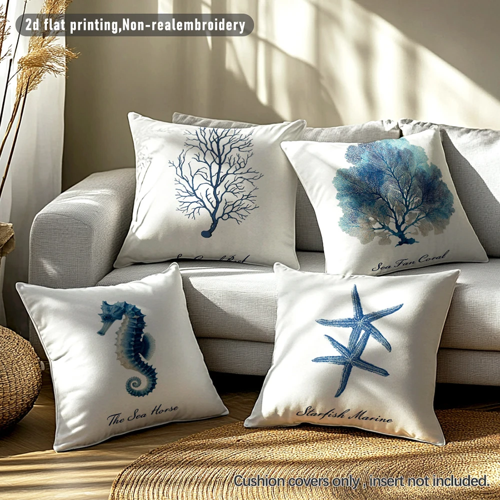 1/4pcs 2D Flat- Coastal Blue Seahorse Throw Pillow Cover, Nautical Themed Home Decor Cushion Case Home decoration cushion cover 4