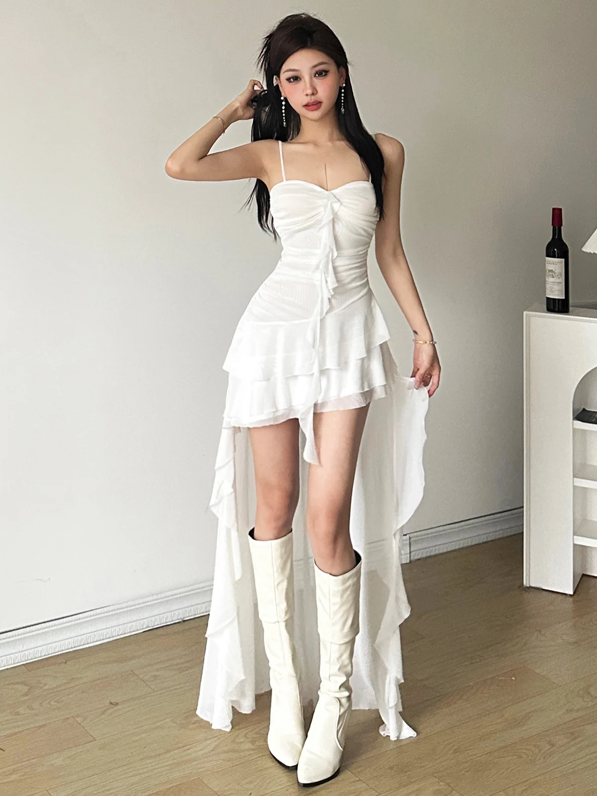 Y2K Irregular Ruffles Spaghetti Strap Summer New Midi Dresses for Women Birthday Party Dress Club Prom Robe Sexy Vestidos Mujer