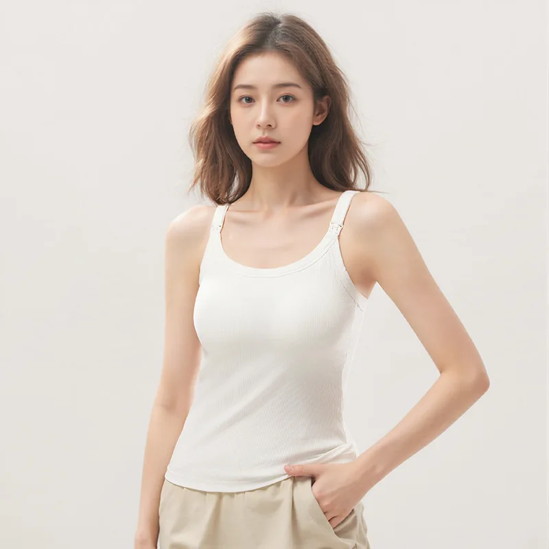 고정 컵이 있는 임산부용 골지 코튼 실크 캐미솔, 수유 및 레이어링을 위한 스타일리시한 수유 탱크탑