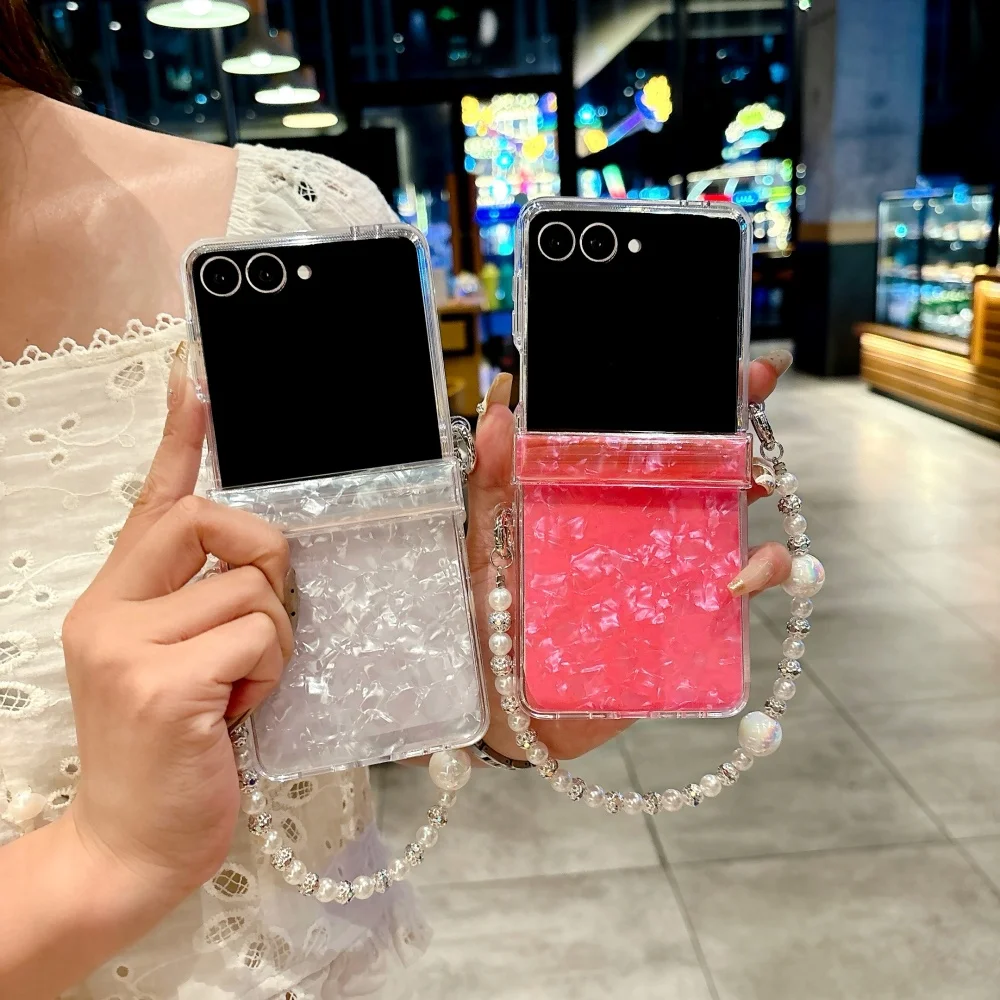Trendy Shell Pattern Folding Phone Case with Stylish Bead Bracelet - Shockproof Design