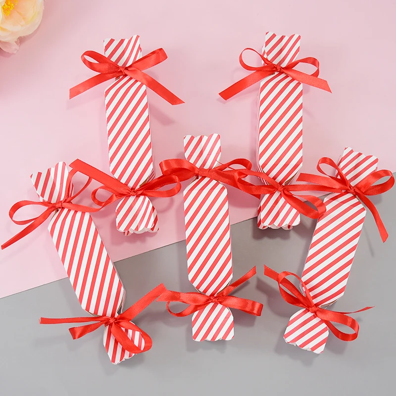 Description Picture 6 of item10PCS Joyful Red Striped Candy Shaped Boxes Wedding Favor Gift Boxes With Ribbon Kids Christmas Birthday Party Cracker Box Decor