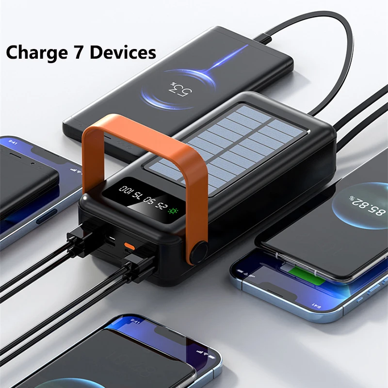 Banco de energía Solar 50000mAh, cargador portátil con Cable incorporado, paquete de batería externa, Powerbank 50000 para iPhone, Xiaomi, Samsung y Huawei