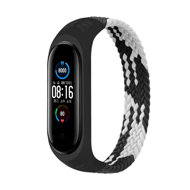2021 Braided Solo Loop Nylon fabric Strap For Xiaomi Mi band 6 5 4 3 Elastic Bracelet Replace Wristband For mi band 4 5 6 Strap black and white 6