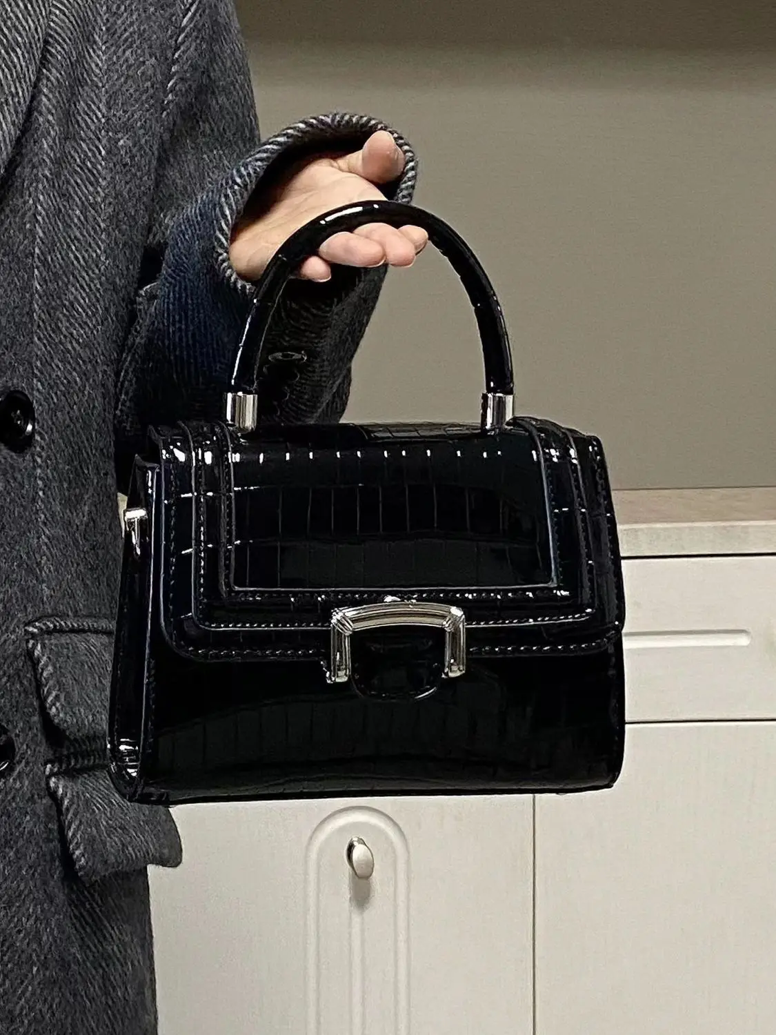 JIAERDI Retro Black Messenger Bag Women High Street Crocodile Handle Chic Leather Y2k Bag Female Vintage Square Crossbody Bags