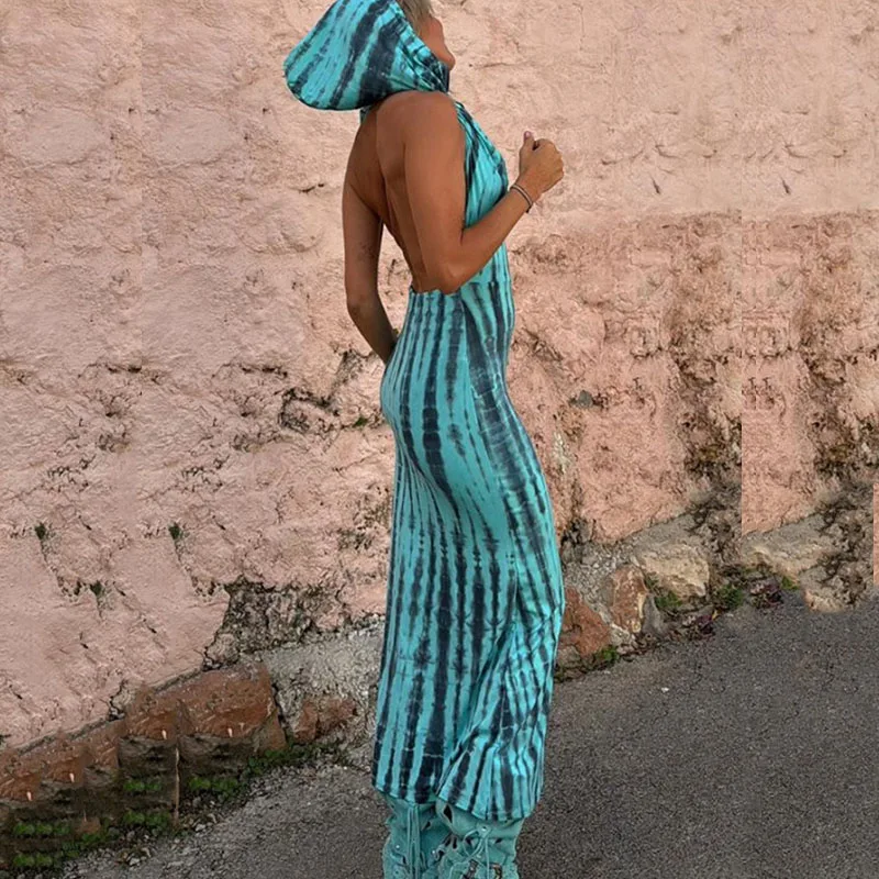 

Women Casual Sleeveless Draped Long Dress Elegant Pattern Print Slim Fit Hooded Dress Summer Sexy Swinging Collar Party Dresses