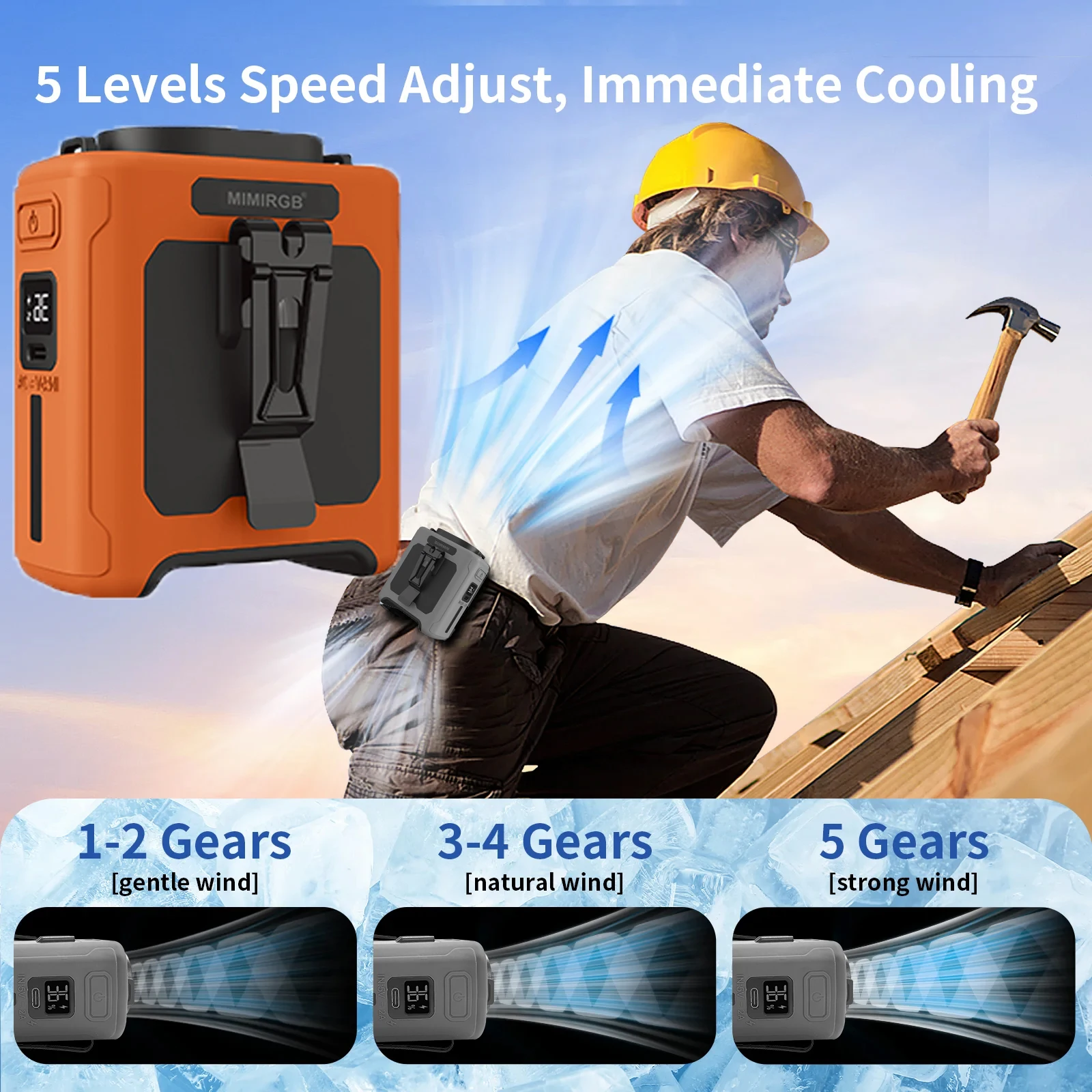 10000mAh Portable Waist Fan with Power Bank LED Lighting Hanging Neck Fan 5 Speed Strong Airflow Cooling Fan for Outdoor Working