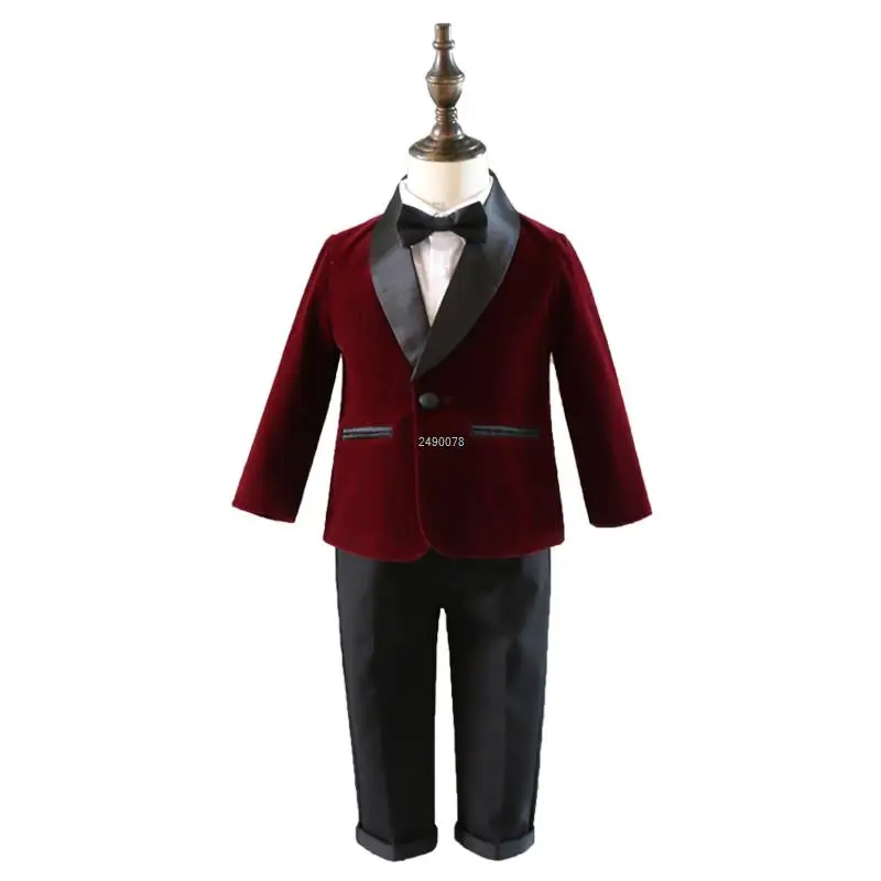 Boys Suit Set Kids 1 Year Birthday Dress Baby Boys Purple Velvet Blazer Jacket Pants Photograph Suit Children Wedding Performance Evening Wear