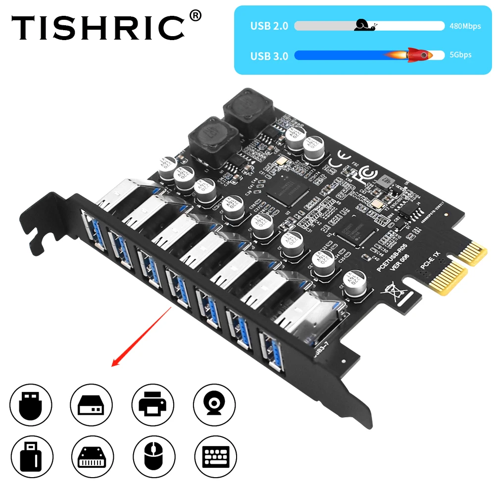TISHRIC USB 3,2 Gen1 PCI Express multiplicador PCI E a 7 puertos USB 3 Hub tarjeta adaptadora de expansión PCI-E 1X controlador para escritorio