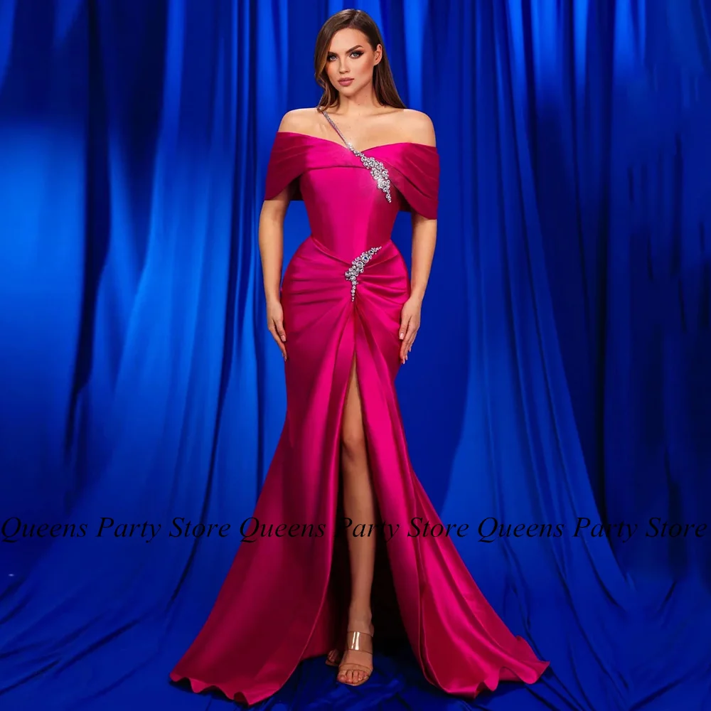 

Fashion Fuchsia Mermaid Evening Dress Off The Shoulder V Neck Beading Stones High Slit Dubai Party Gown Sexy Prom Dresses