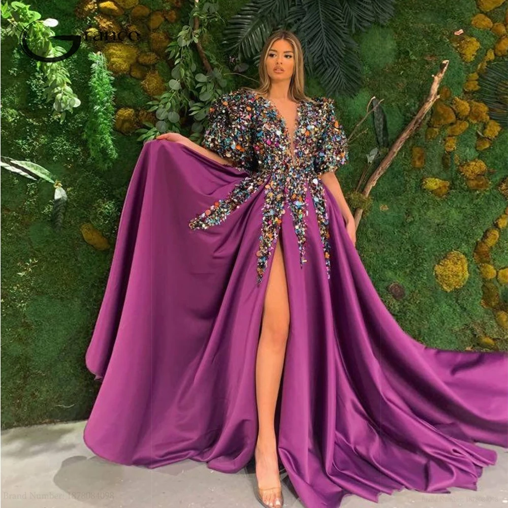 

Luxury Purple Evening Dresses for Women Half Sleeve V Neck Robe De Soirée with Sequined Asymmetrical Prom Gowns 2023 Summer