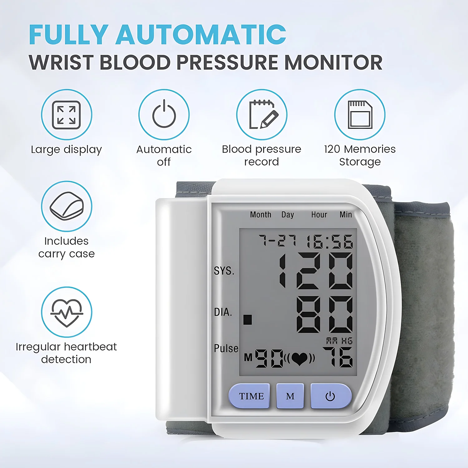 Blood Pressure Monitor Blood Pressure Meter Portable Digital Wrist Type BP Machine Sphygmomanometer Tensiometer Test Monitor Tonometer