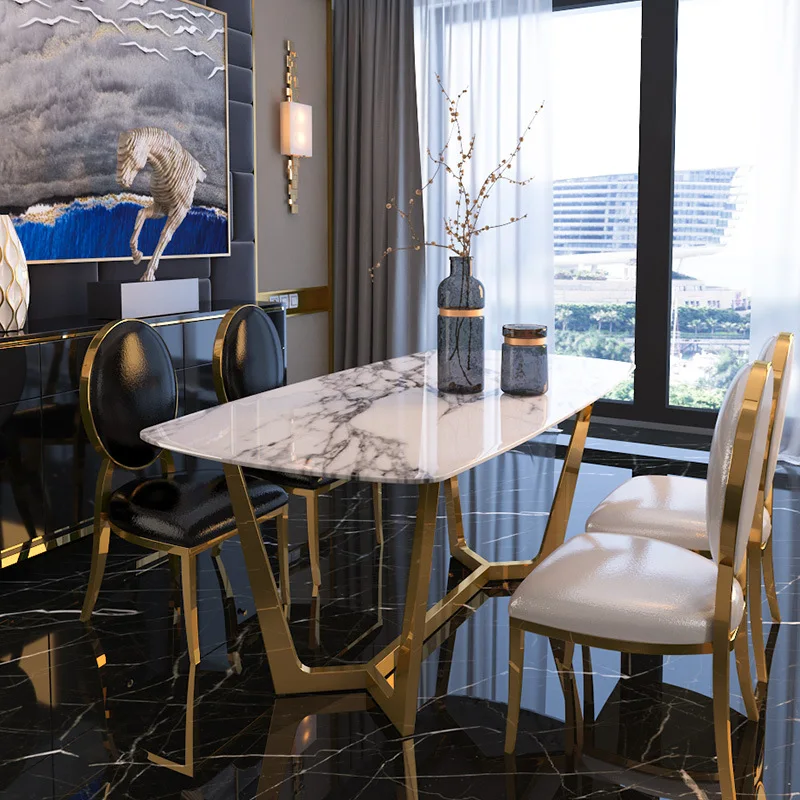 

Minimalist Stainless Steel Dinning Tables And Chair Luxury Dining Chairs Modern Golden Mesa De Comedor Hotel Furniture FGM