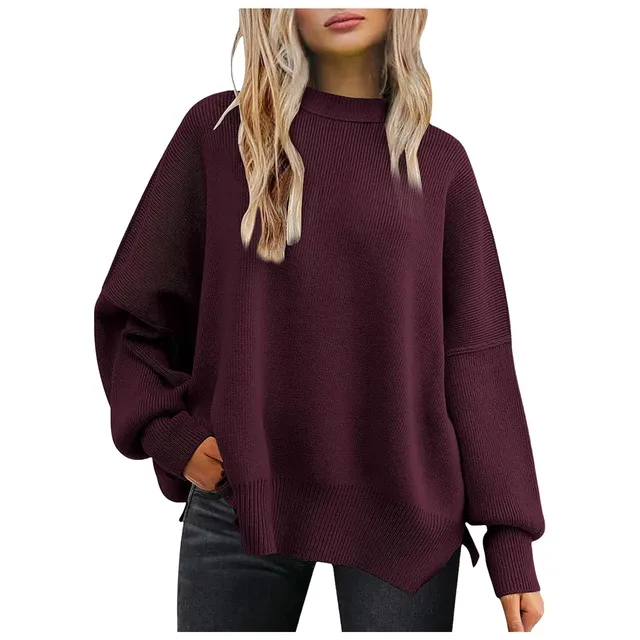 Fashion Solid Crew Collar Knitted Crew Neck Batwing Long Sleeve Knit Side Slit Pullover Women'S Clothing свитер женский оверсайз 1