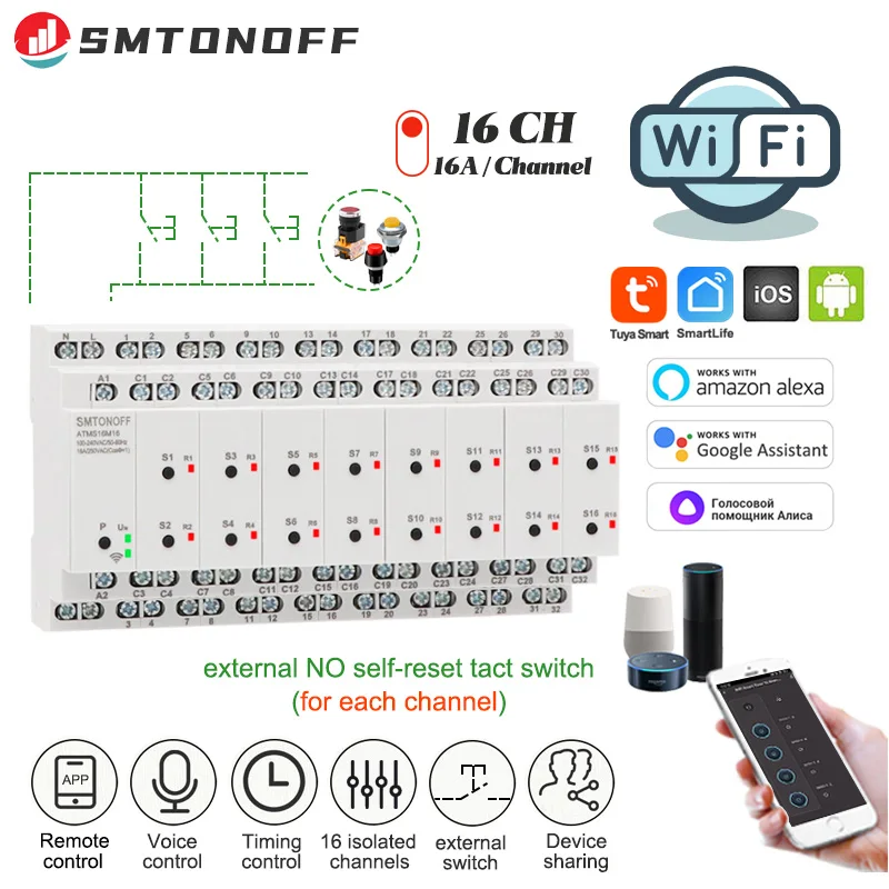 SMTONOFF Tuya WIFI 16 isolated channels 16 gang smart switch Smart Timer With external Switch Remote Control Voice control