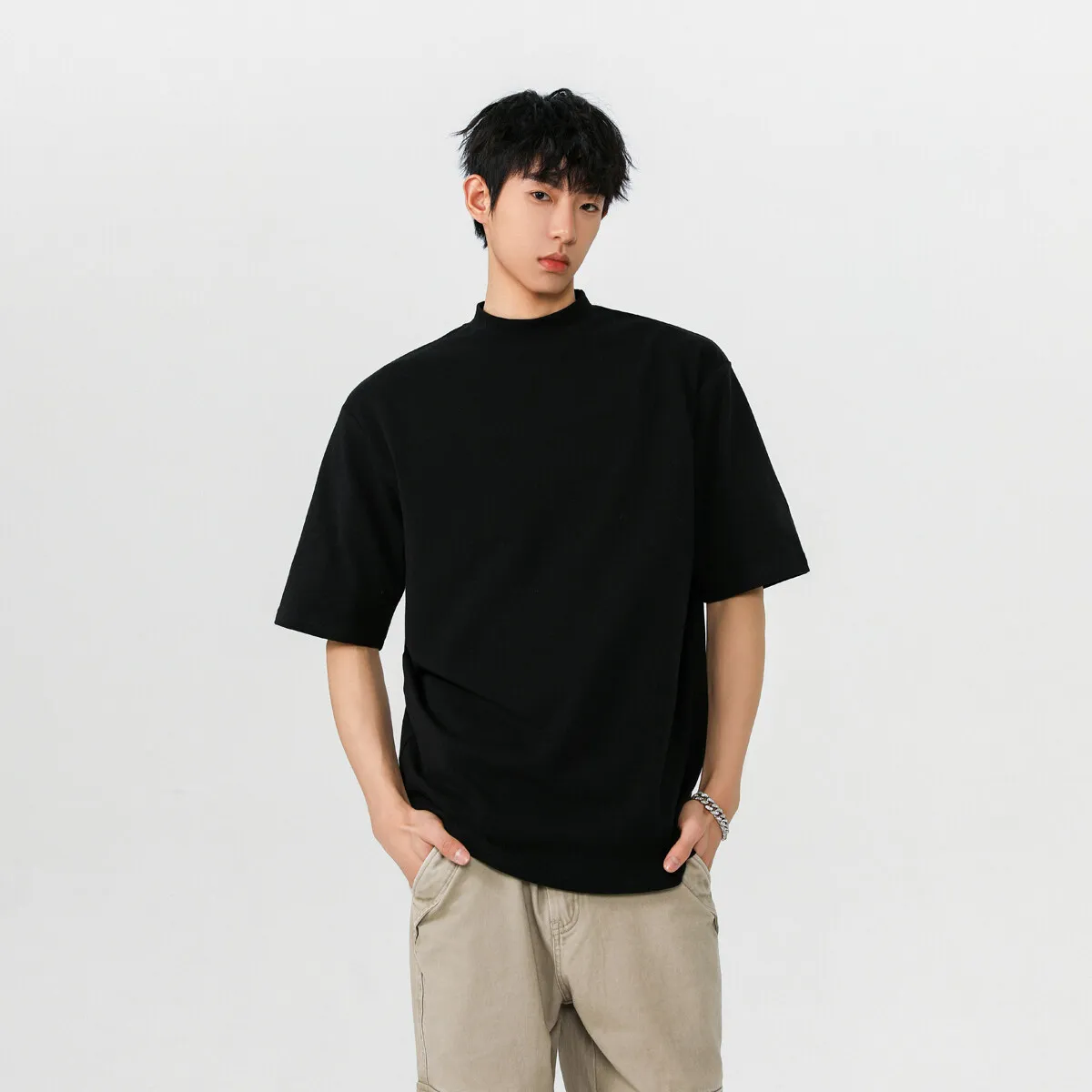 T-shirt da uomo in cotone bianco nero manica corta Sport PALESTRA Corsa T-shirt fitness Top per uomo T-shirt casual con collo a lupetto - immagine 5