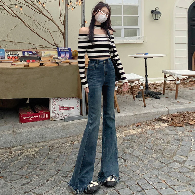 

High Stree Vintage Jeans Streetwear Women New Y2k Slim Slight Strech All Season Blue Empire Tassel Flare Pants