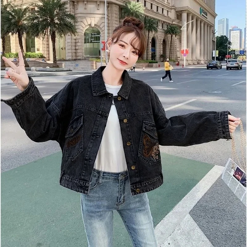 Butterfly Flower Embroidered Letter Denim Jacket Woman Spring Autumn Coat Cotton Outerwear Button Female Girl Casual Jeans