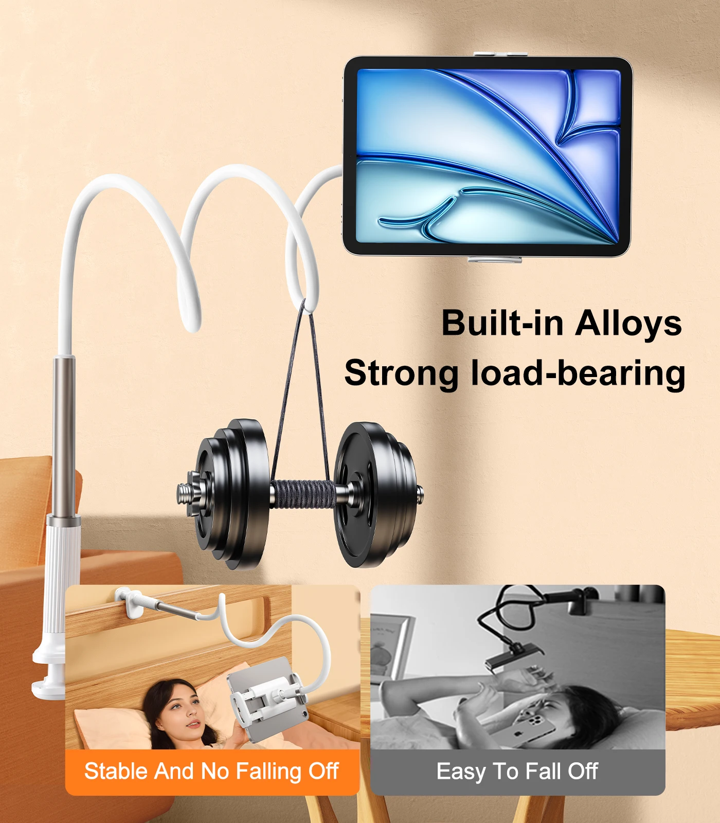 Eary Gooseneck Phone Holder for Bed Cell Phone Mount Clamp Clip Flexible Long Arm Overhead Mount Desk Bedside for 4.7-12.9"Inch