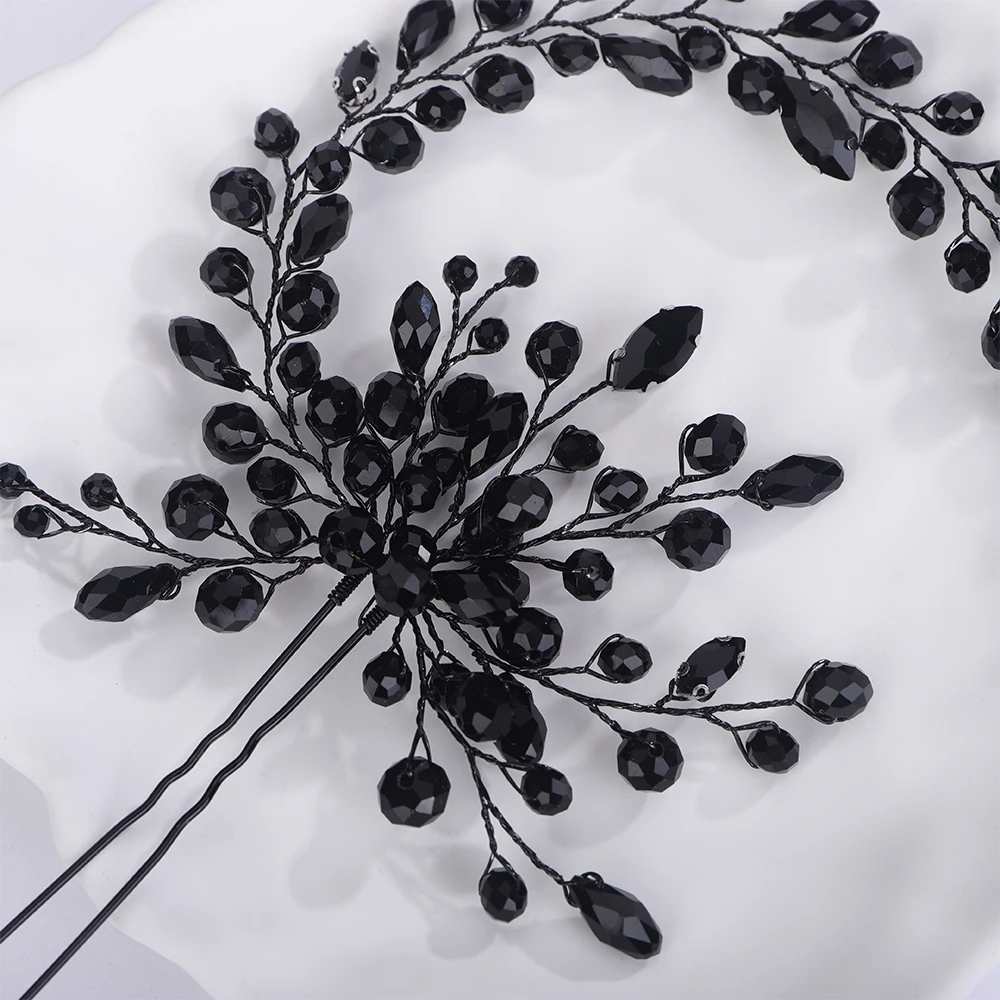 Black Crystal Bridal Hair Pins Headband Wedding Hair Accessories Jewelry Handmade Party Headpiece for Women and Girls Tiaras