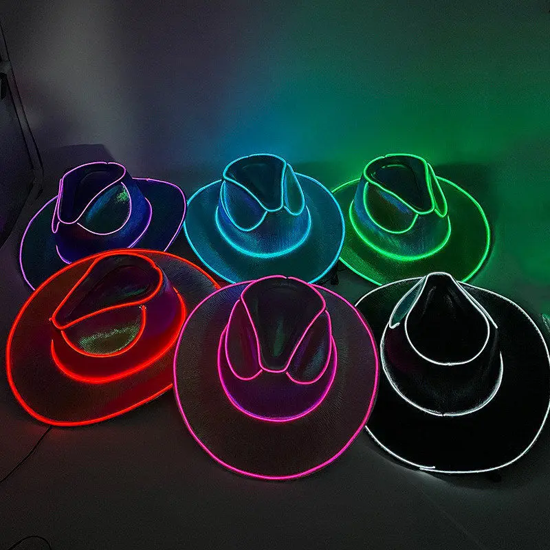 Bachelorette Party Supplies Bride Cowgirl Hat Glowing Light Bar Cap Wireless Disco Luminous Led Flashing Neon Western Cowboy Hat party hat neon hat