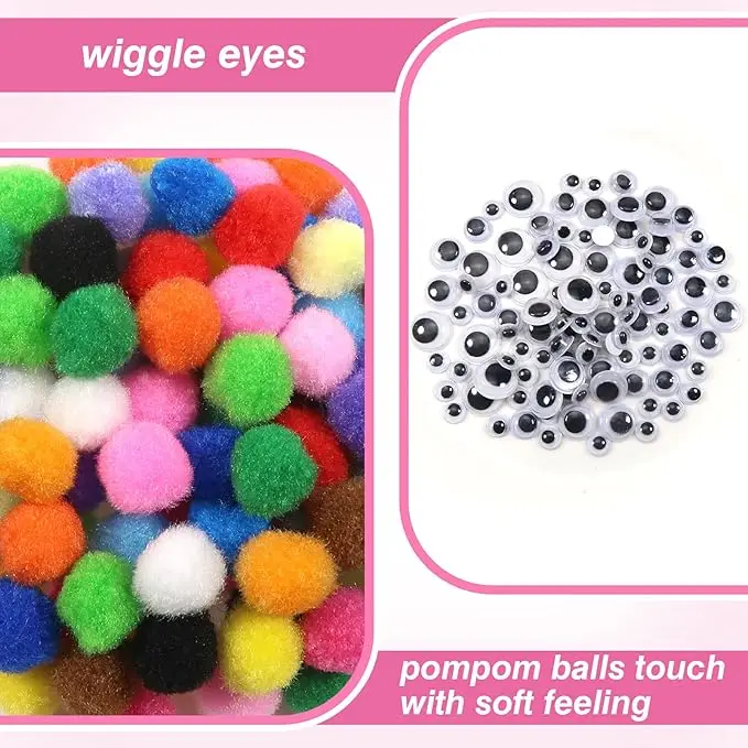 0.6 Inch Assorted Pom Poms Multi Color Fuzzy Pompoms Balls Art Supplies with Wiggle Eyes for DIY Crafts Decorations