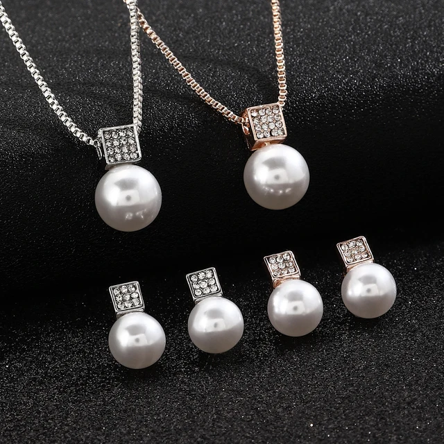 Fashion Women Elegant Imitation Pearl Necklace Earrings Rhinestones Geometry Necklaces Bride Wedding Party Jewelry Set Gifts New 6
