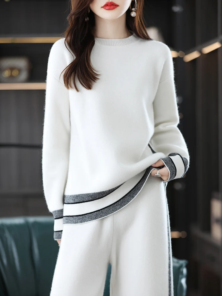 Autumn New Women's Round Neck 100% Pure Woolen Sweater Set Two Piece Loose Sweetheart Knitted Luxury High end Sweater Pants