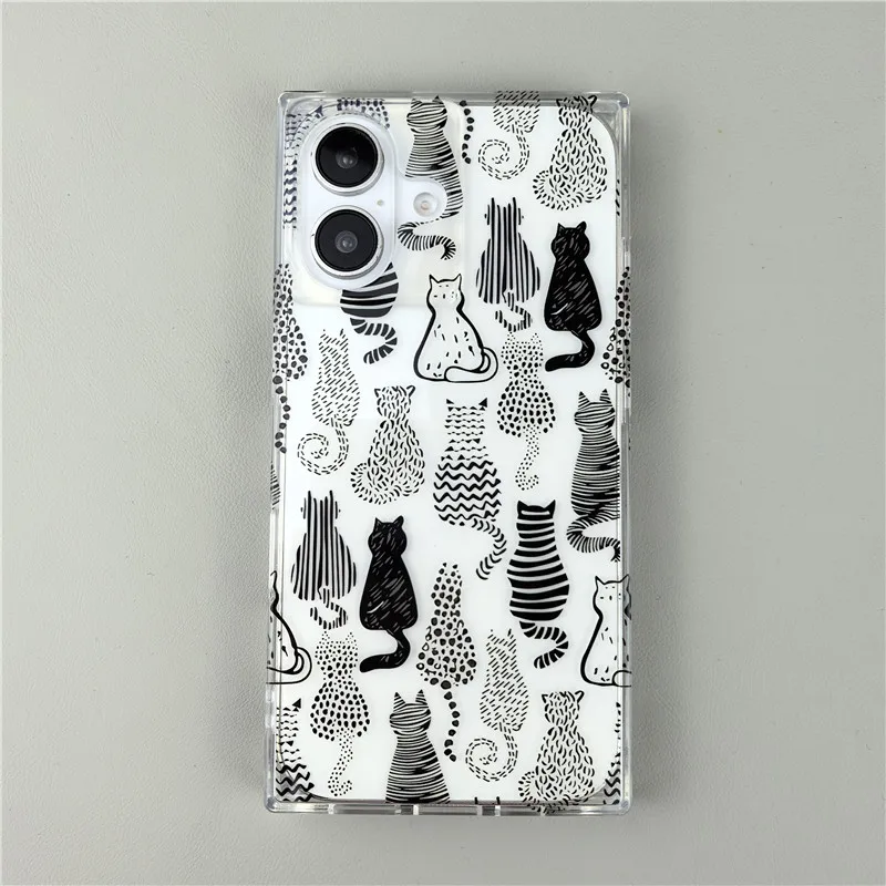 Cartoon Sketch Cats Pattern Right Angled Edge Case For iPhone 16 15 13 14 12 Pro Max Clear Phone Back Cover