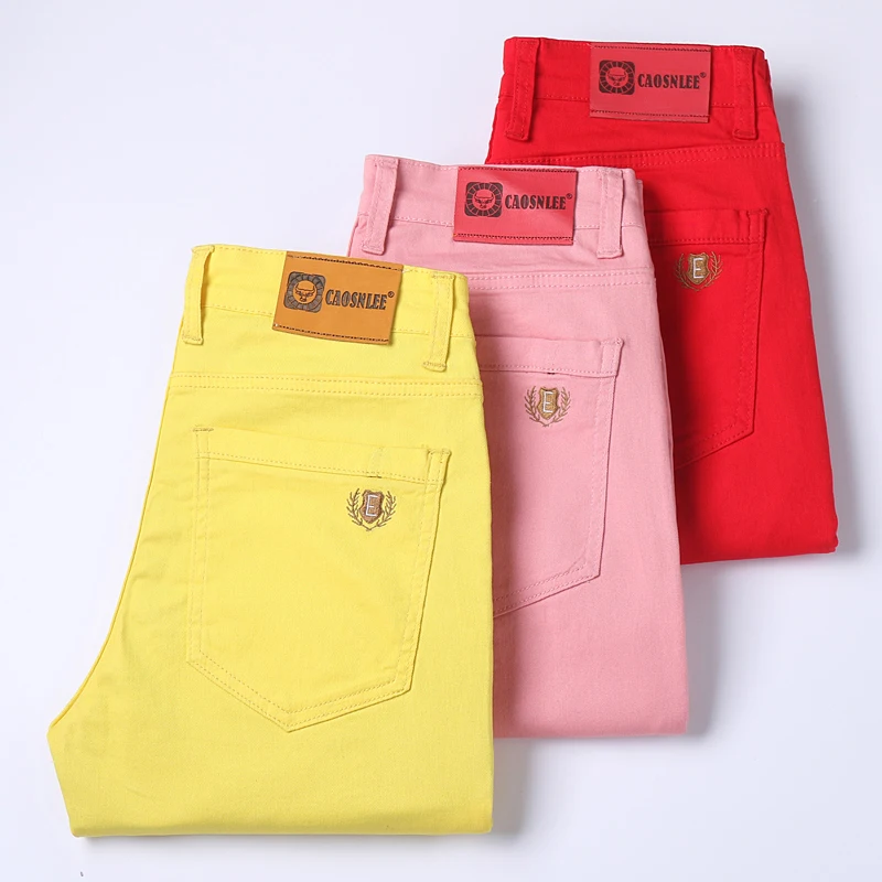 

2023 Autumn and Winter New Men's Yellow Jeans Trendy Brand Fashion All-match Pink Casual Pants Male Classic Denim Trousers