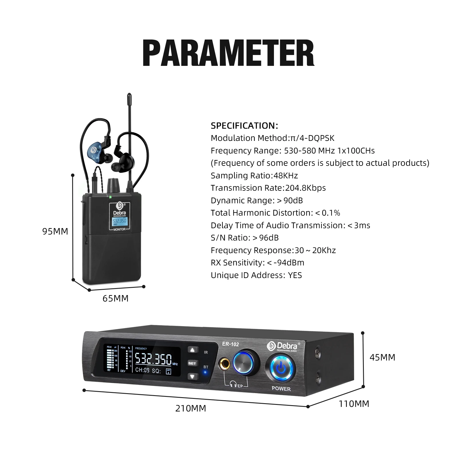 Debra ER-102 UHF Wireless In-Ear Monitoring System with Bluetooth 5.0 for Record