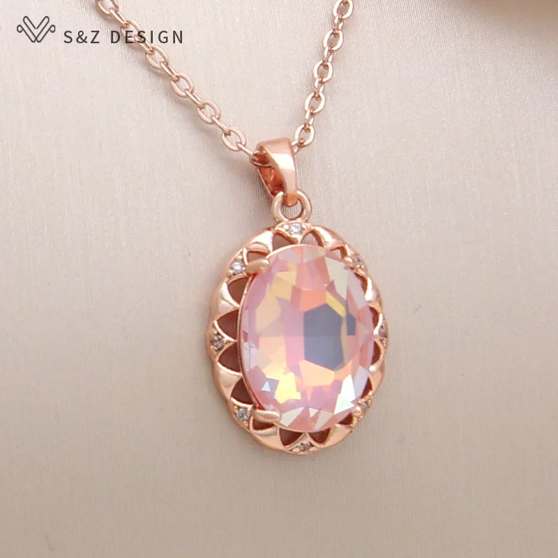S&Z DESIGN New Fashion Oval Crystal Pendant Necklace For Women Wedding Party Cubic Zirconia 585 Rose Gold Color Jewelry Gift