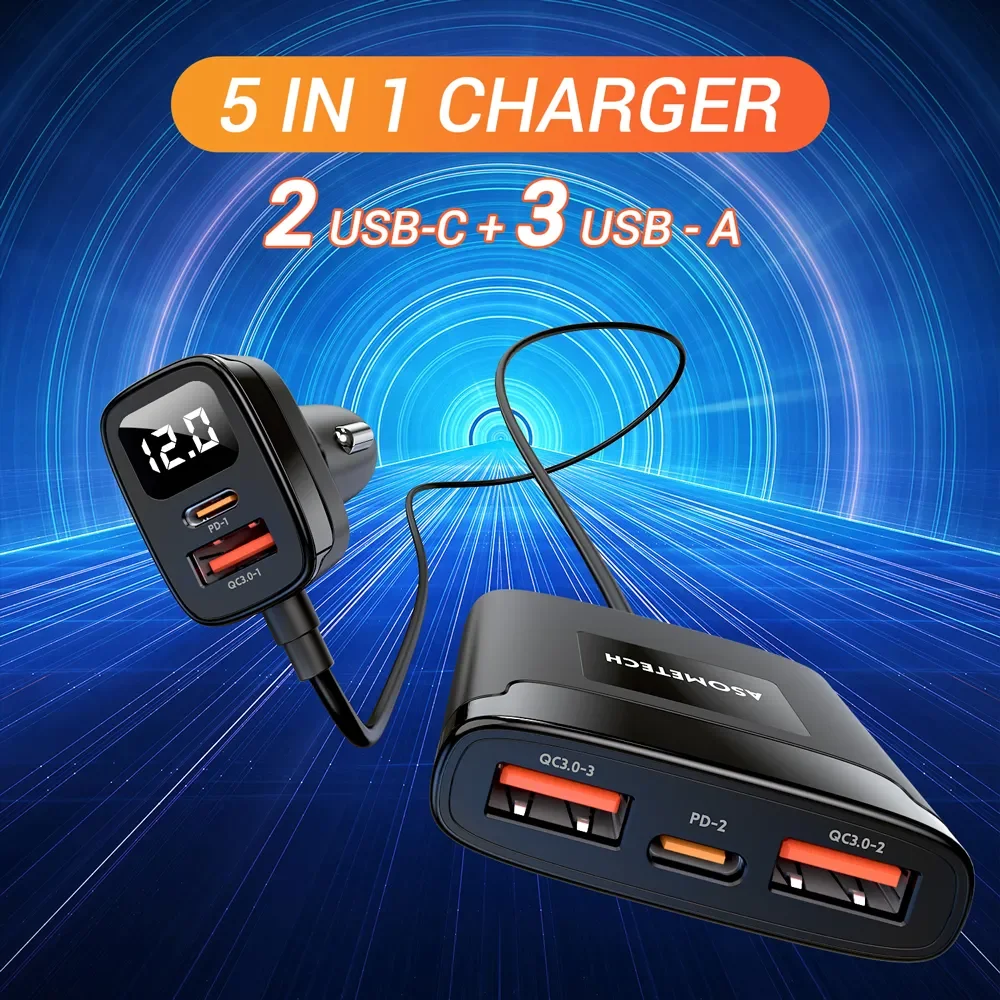 ASOMETECH 78W USB Car Charger 5 Ports QC3.0 PD3.0 SCP USB Type C Quick Charger iPhone Samsung Tablet Xiaomi Car car charger car phone charger