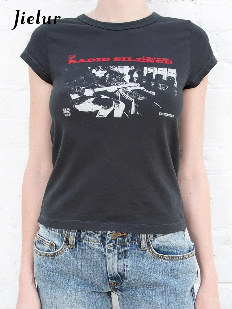 

Jielur Korean Vintage Classic Rock Graphic T Shirt Women Summer Round Neck Short Sleeve Cotton T Shirt Femme Casual Streetwear
