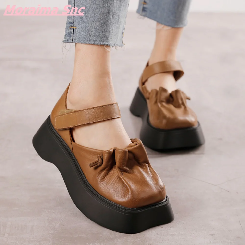 

2022 Retro Rome Hook & Loop Women Shoes Square Toe Black Brown Soild Genuine Leather Sandals Casual Platform Fashion Novelty