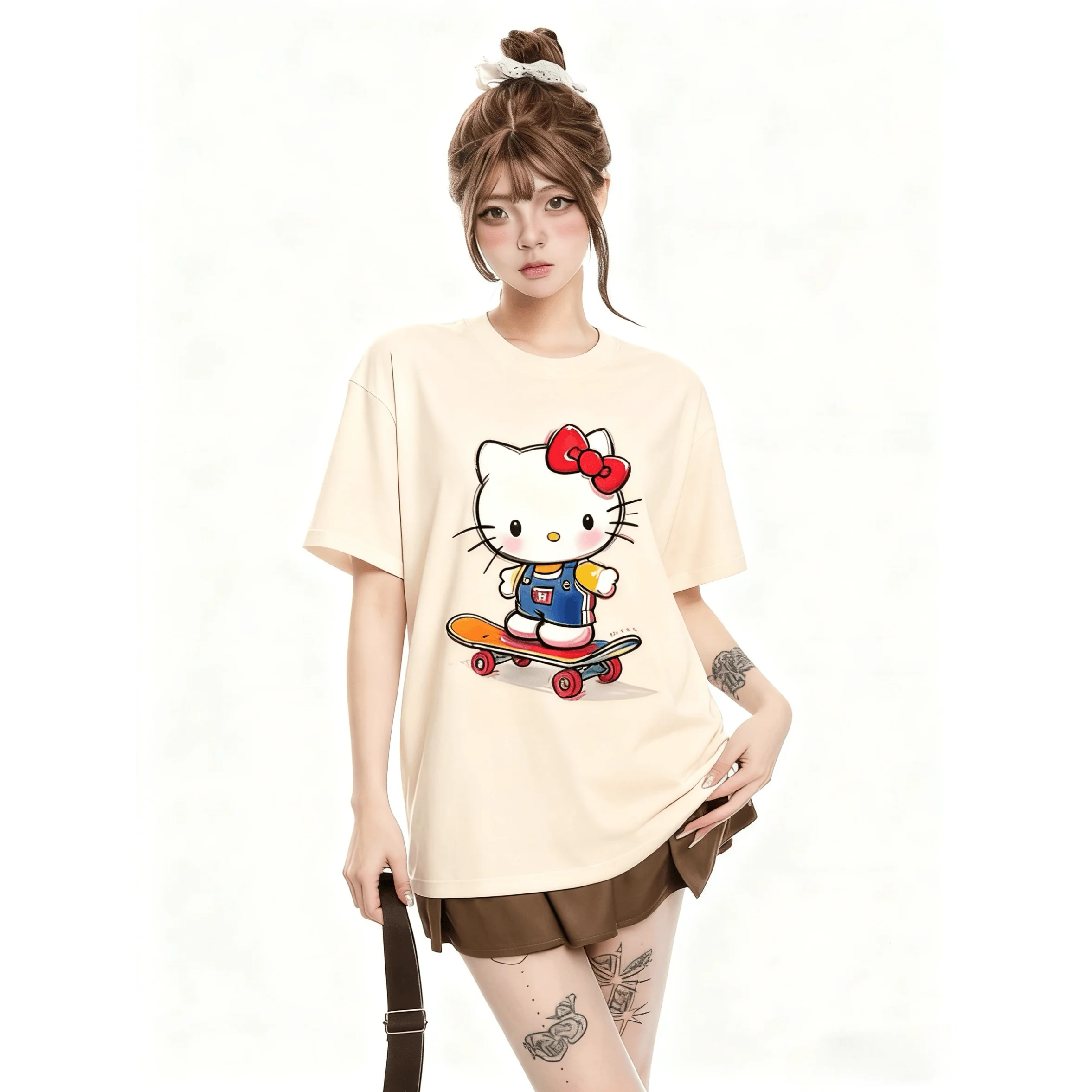 Sanrio 헬로 키티 스케이트보드 프린트 티셔츠 성인 및 어린이용 Y2K 고딕 스타일 반소매 티셔츠 여름 캐주얼 탑
