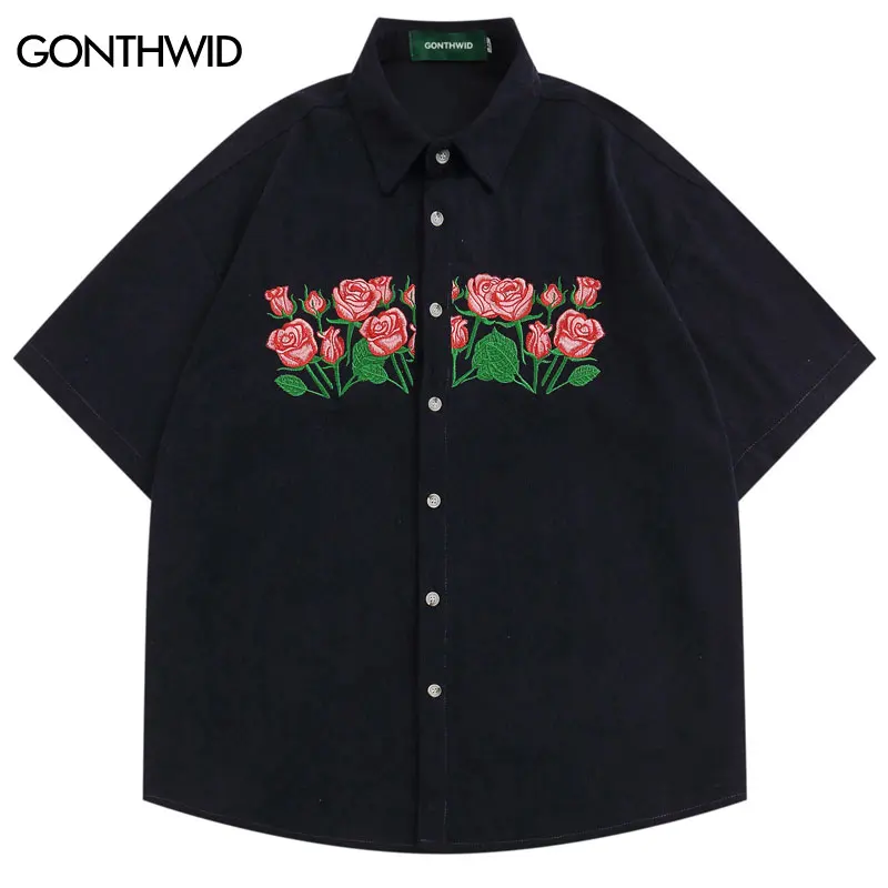 Corduroy Shirt Harajuku Embroidery Floral Short Sleeve Shirts Men Women Summer Fashoin Casual Short Sleeve Shirt Brown Blue