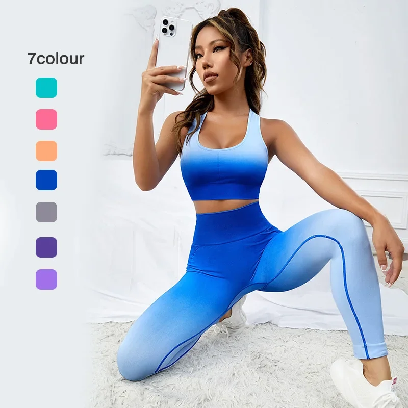 

Women Seamless Yoga Set Gym High Waist Ombre Leggings T-Shirts Top Suit Sleeveless Fitness Workout Sport Running Sportswear Set