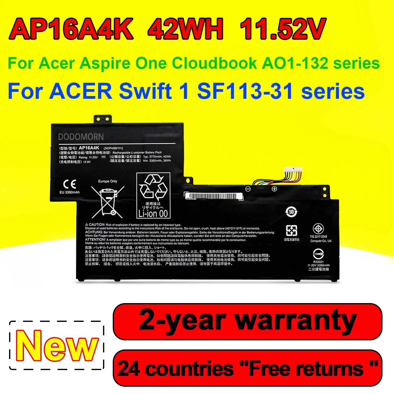 

AP16A4K Laptop Battery For Acer Swift 1 SF113-31 SF113-31-P57A For Aspire One Cloudbook AO1-132 Series 11.25V 42Wh 3770mAh