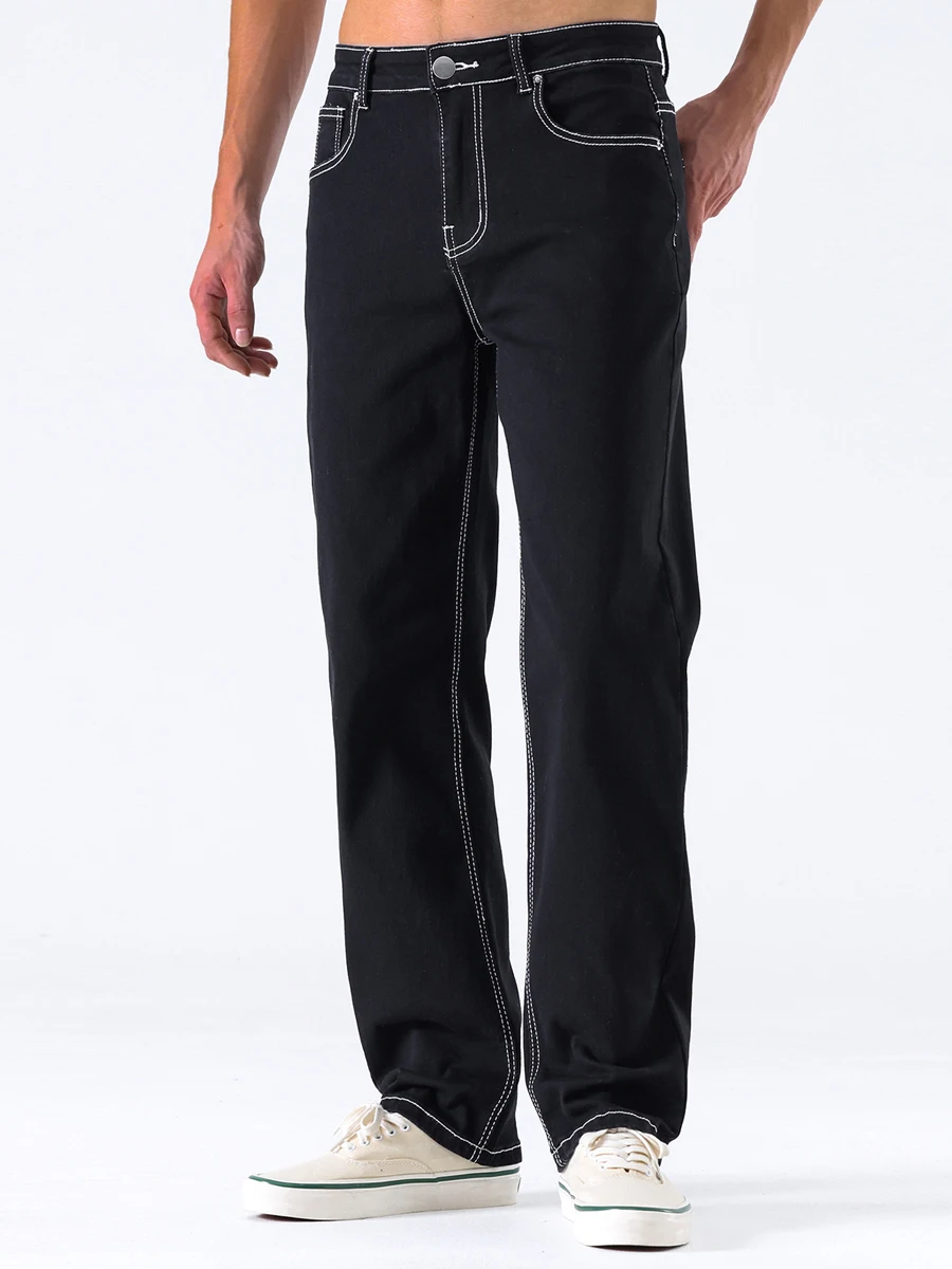 Men s Vintage  Fit Jeans Faded Washed Denim Trousers with Ripped Holes and Frayed Hem Casual Streetwear Bottoms