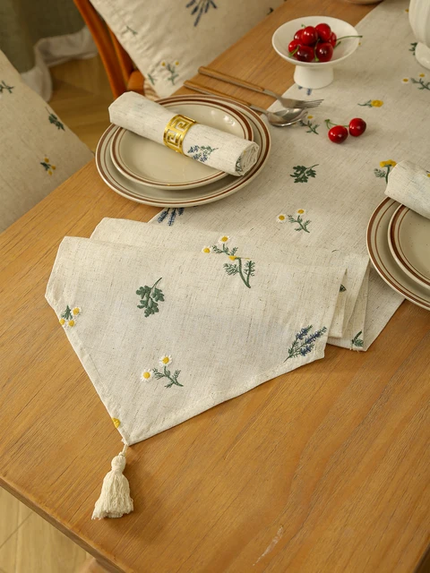Linen Wheat Fringe Embroidery Pointed Corner Table Flag Rustic Style Table Runner, Kitchen Coffee Table Decoration 4
